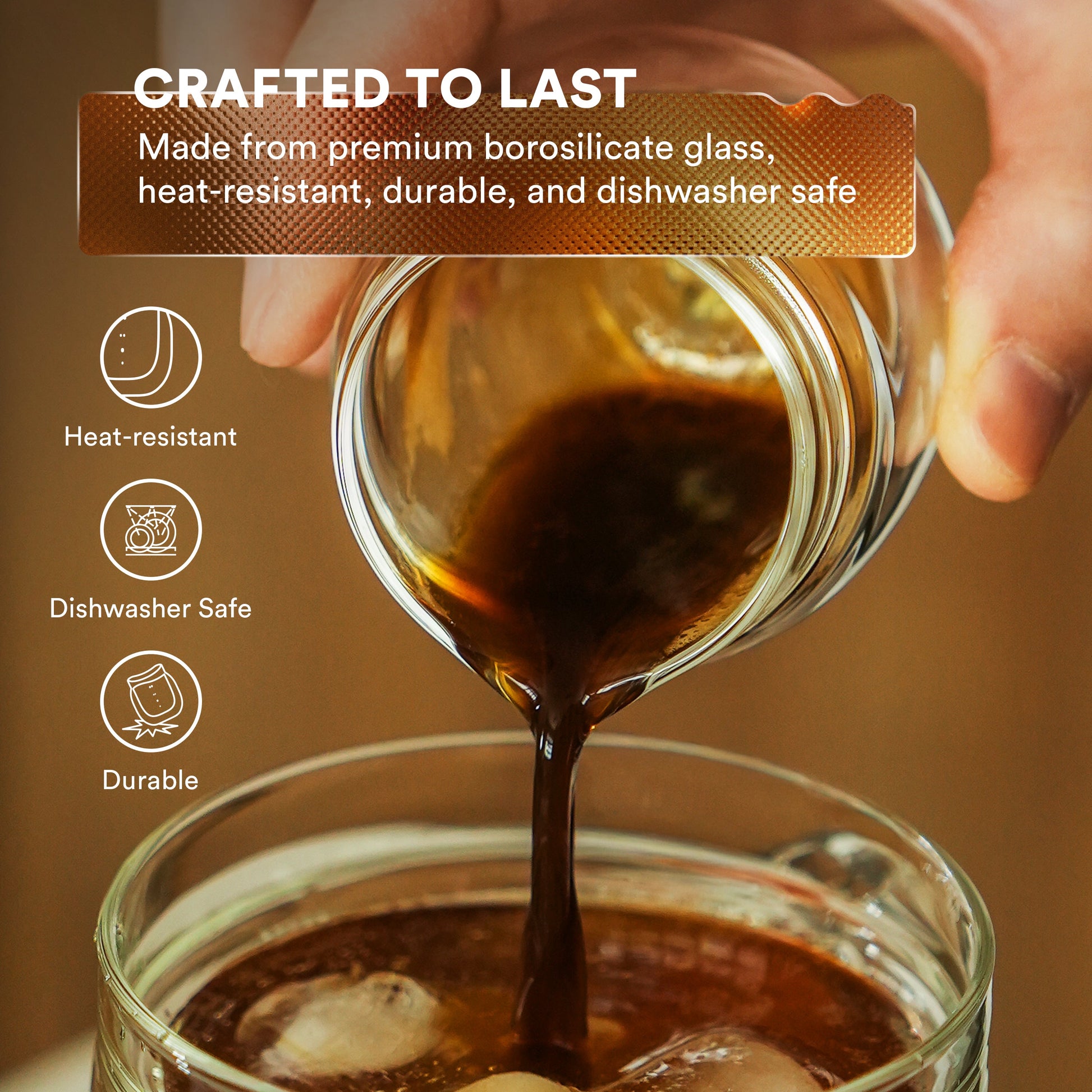 Glass being filled with iced coffee, highlighting features like heat-resistant, dishwasher safe, and durable.