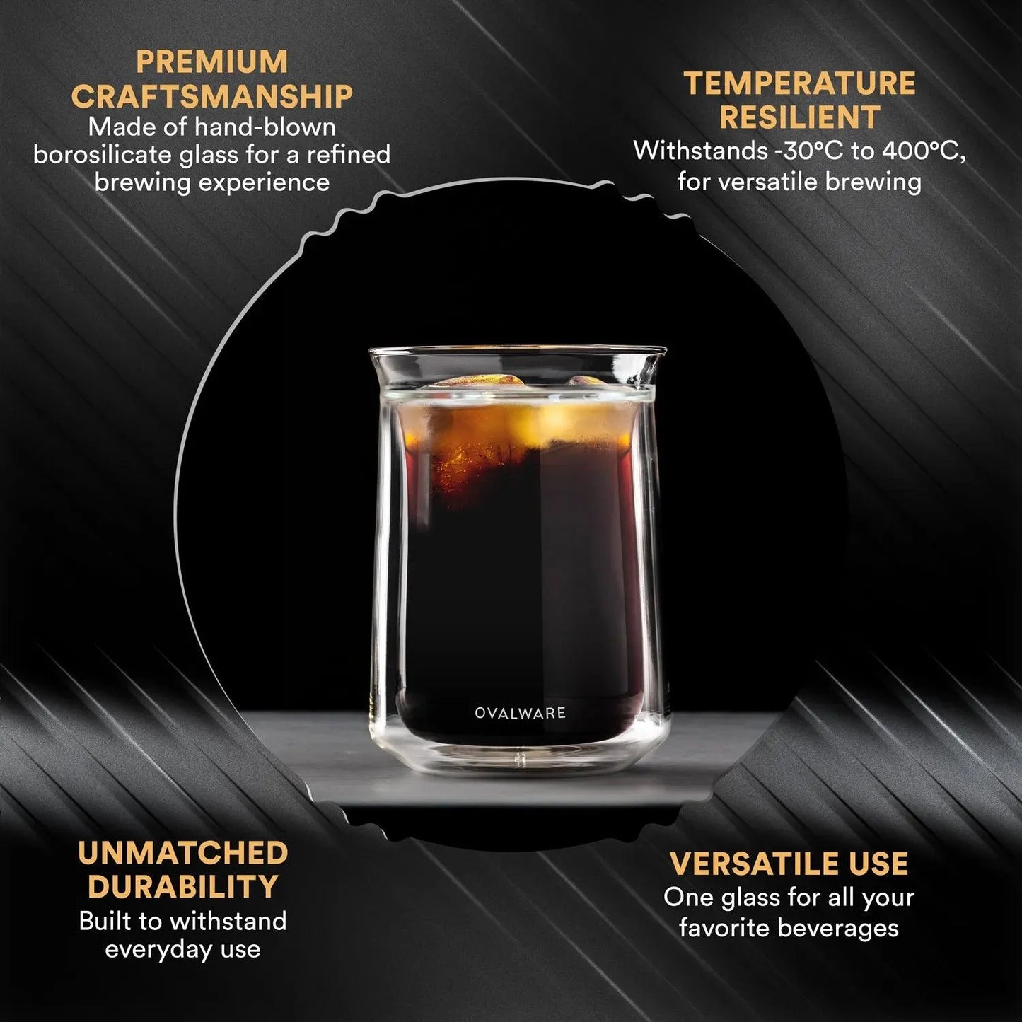 Glass with iced coffee on a dark background with text highlighting features