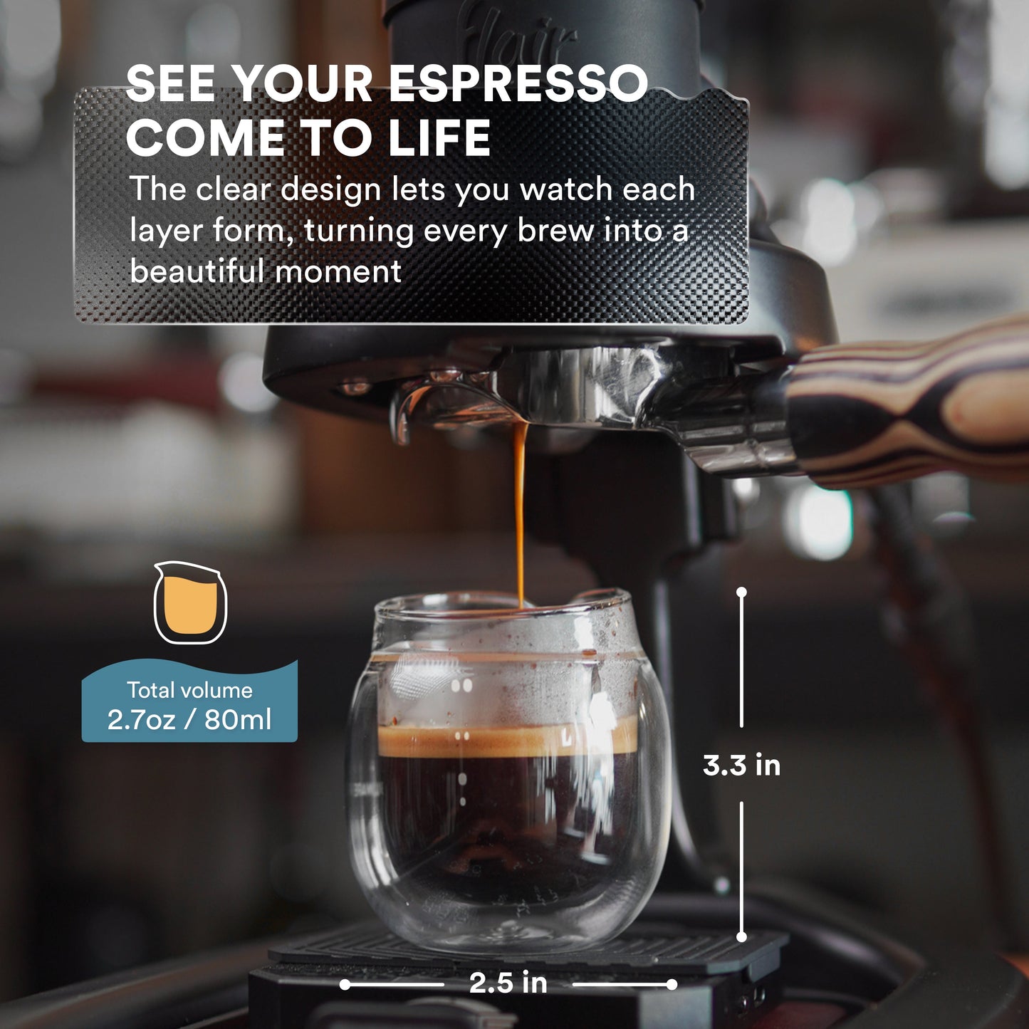 Espresso machine pouring coffee into a glass, with text about the product's features.