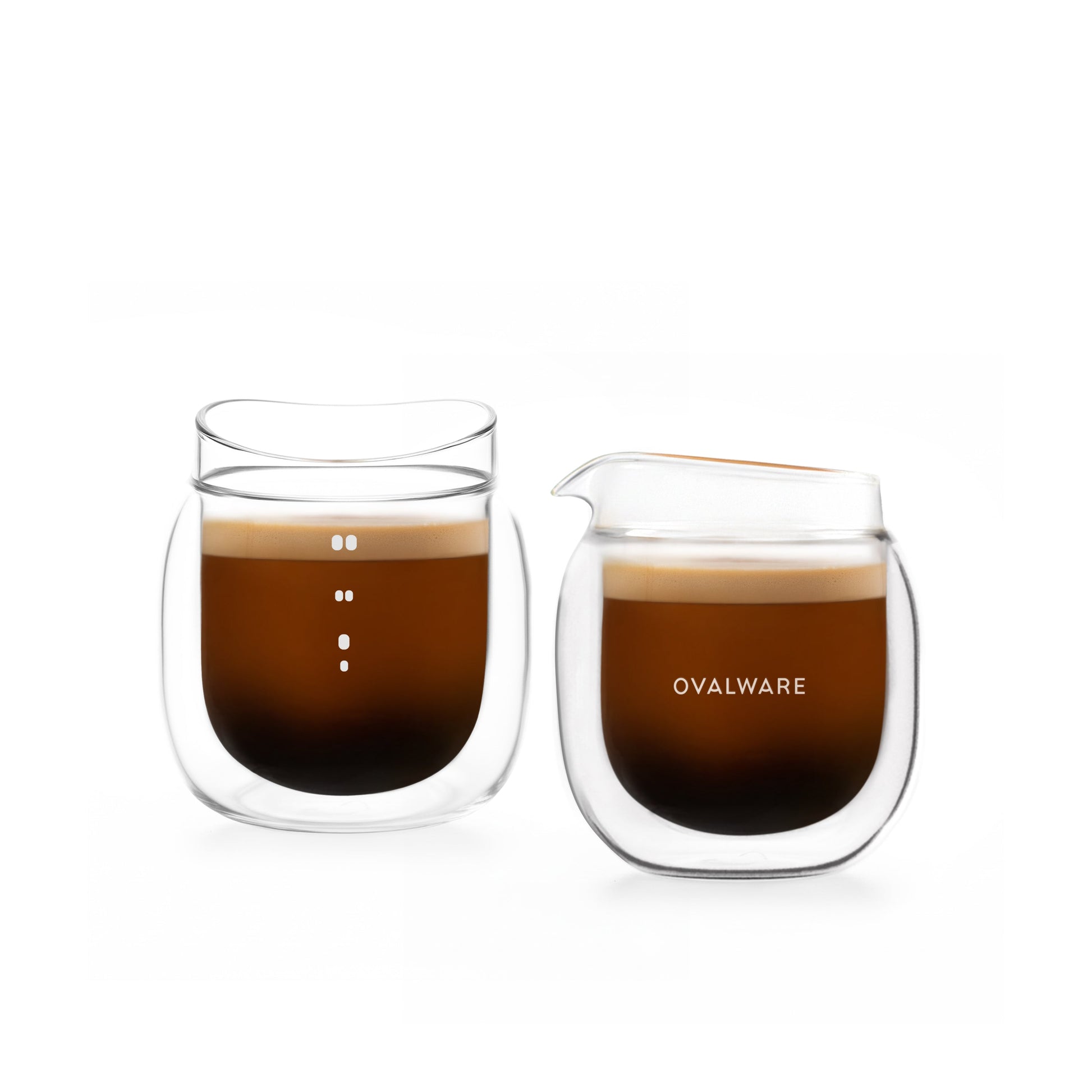 Two glass cups with coffee, branded 'Ovalware', on a white background