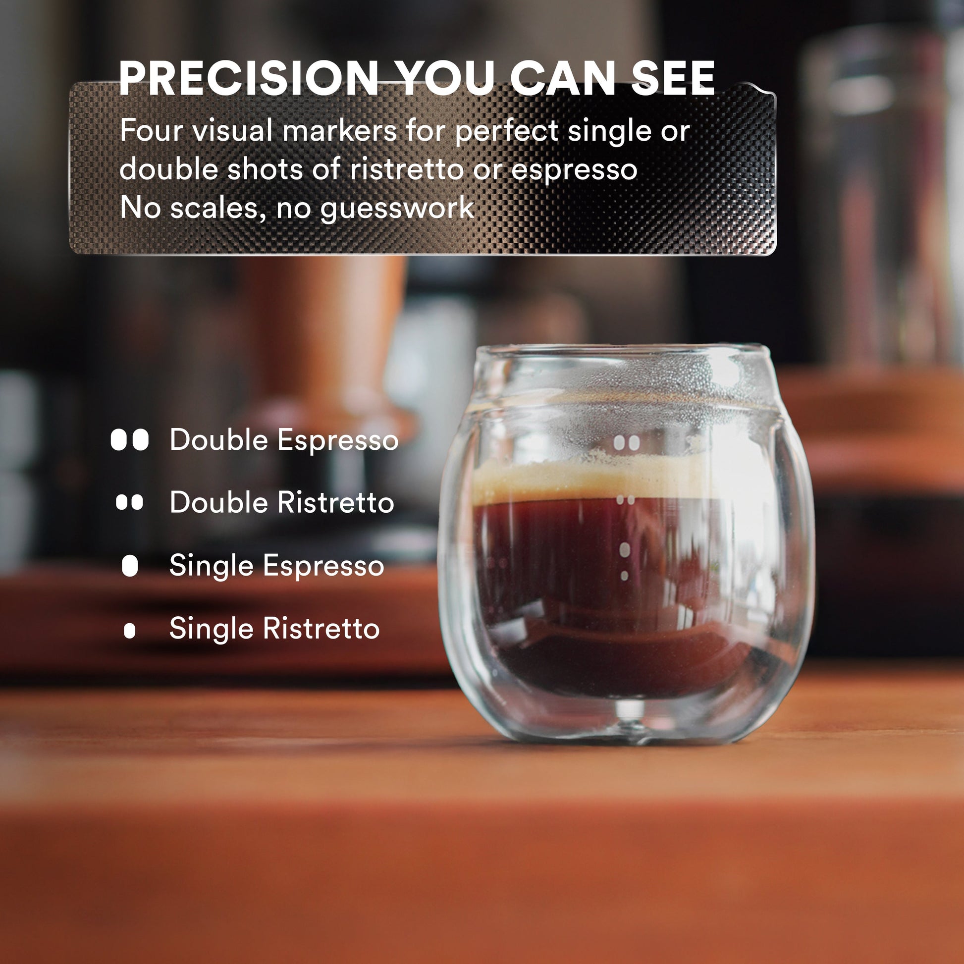 Glass cup with coffee and text about espresso measurements on a blurred bar background